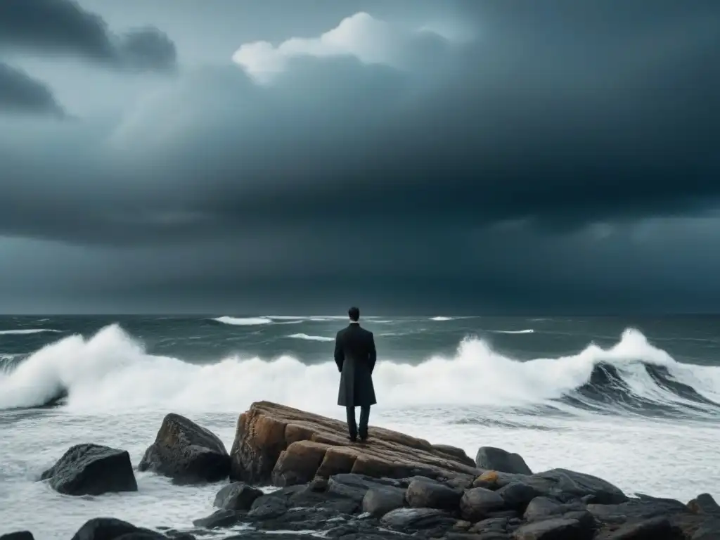 Un poeta simbolista se adentra en el mar tormentoso, evocando la poesía de Tristan Corbière