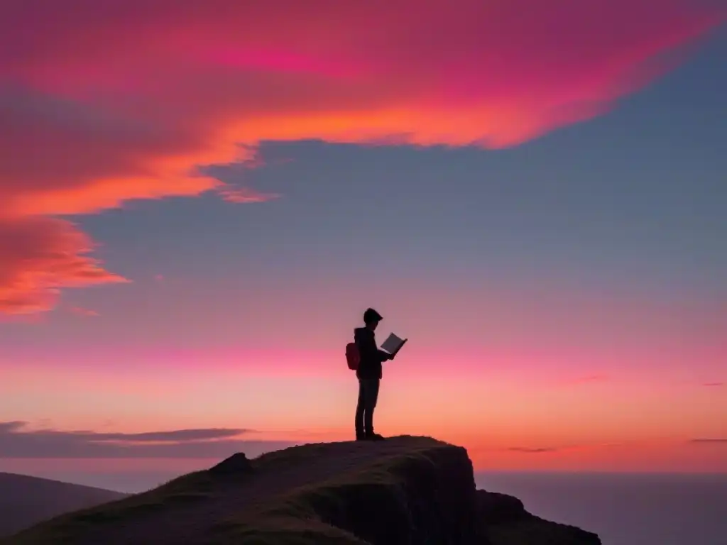 Un poeta solitario en un acantilado al atardecer, con un libro de poesía entre las manos