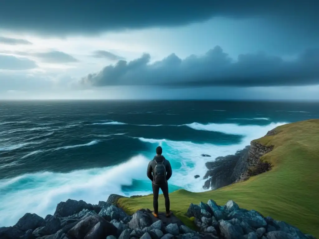 Un poeta solitario en un acantilado rocoso contempla un mar tormentoso bajo un cielo sombrío