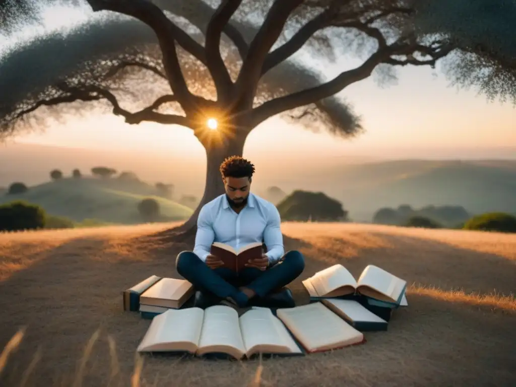Poeta en contemplación: fusión de poesía y filosofía bajo un árbol Un poeta solitario reflexiona bajo un árbol, rodeado de libros y versos escritos, en un atardecer sereno