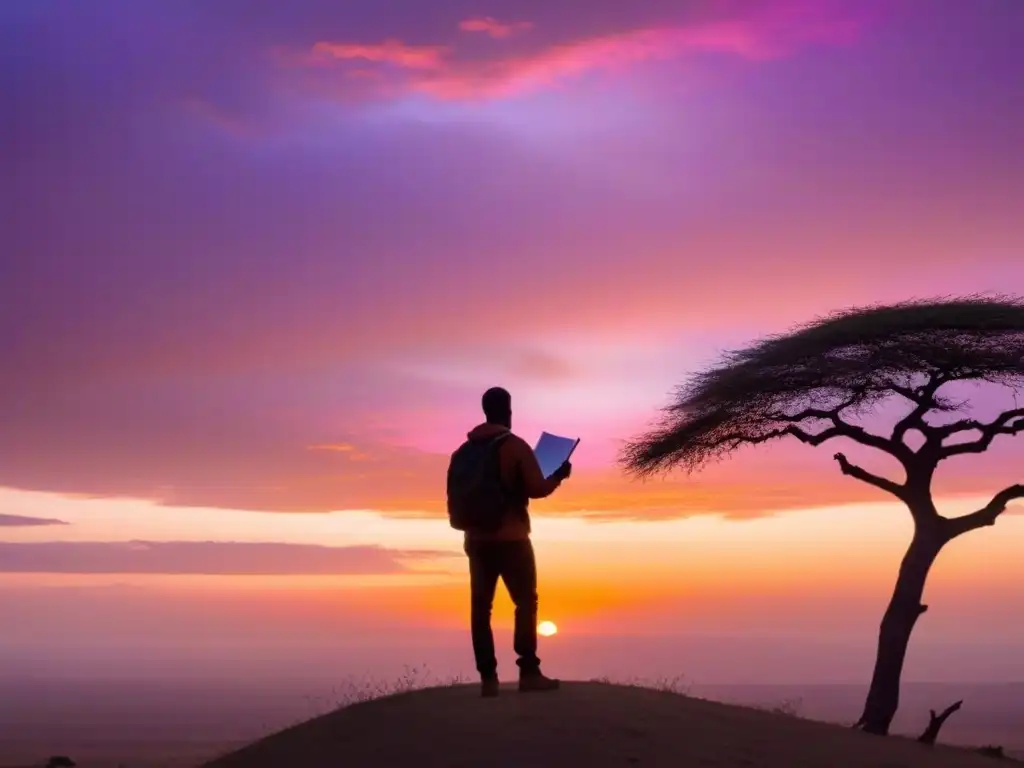 Un poeta solitario contempla un atardecer africano vibrante, inspirado por la belleza de la naturaleza