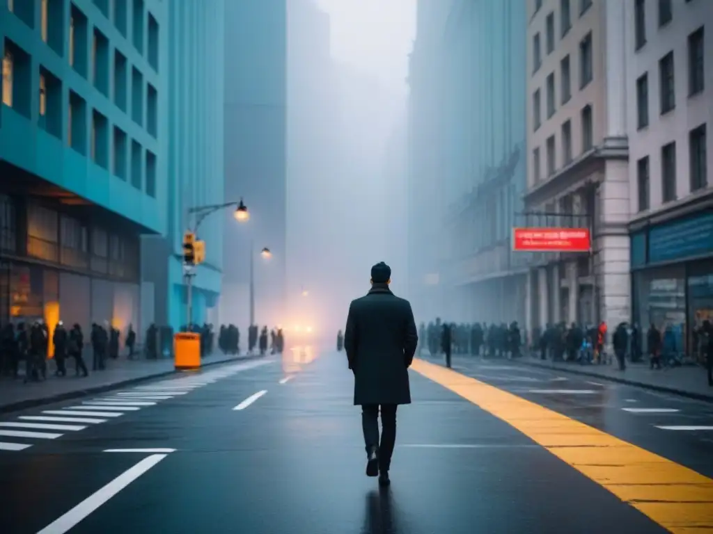 Un poeta solitario en la bulliciosa ciudad, reflejando la poesía en el espacio público