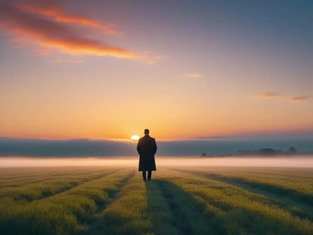 Un poeta solitario se encuentra en un campo al atardecer con un libro de poesía en mano, bajo una luz dorada y ambiente sereno