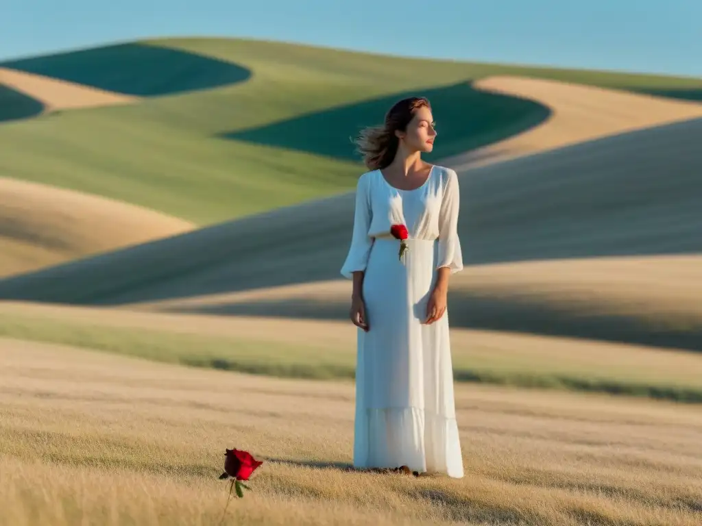 Un poeta solitario en un campo vasto, sosteniendo una rosa roja y contemplando la naturaleza