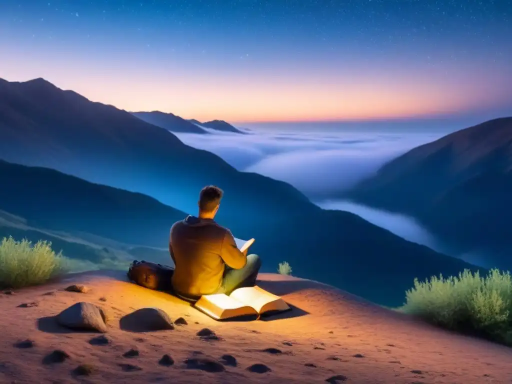 Un poeta solitario escribiendo bajo un cielo estrellado y la luz de un observatorio distante