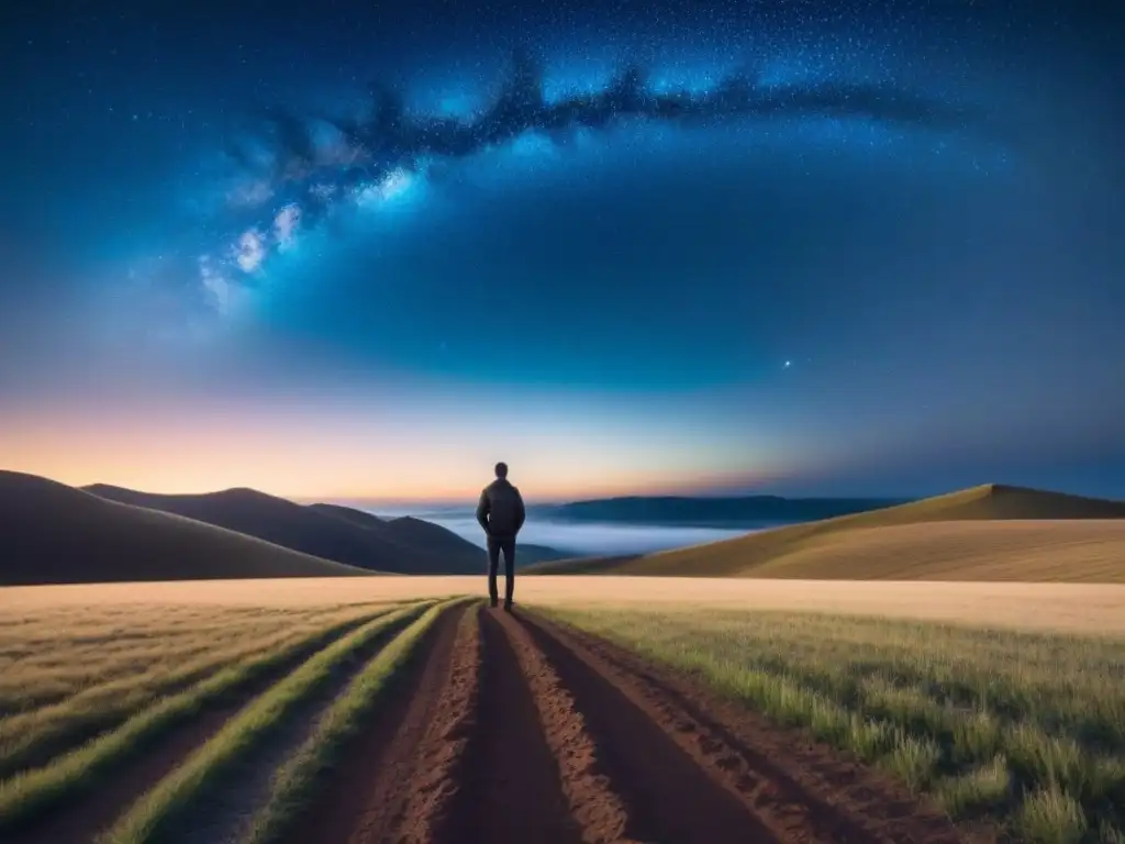 Un poeta solitario contempla el cielo estrellado en la vasta llanura, donde el poder transformador de la poesía personal puede resonar