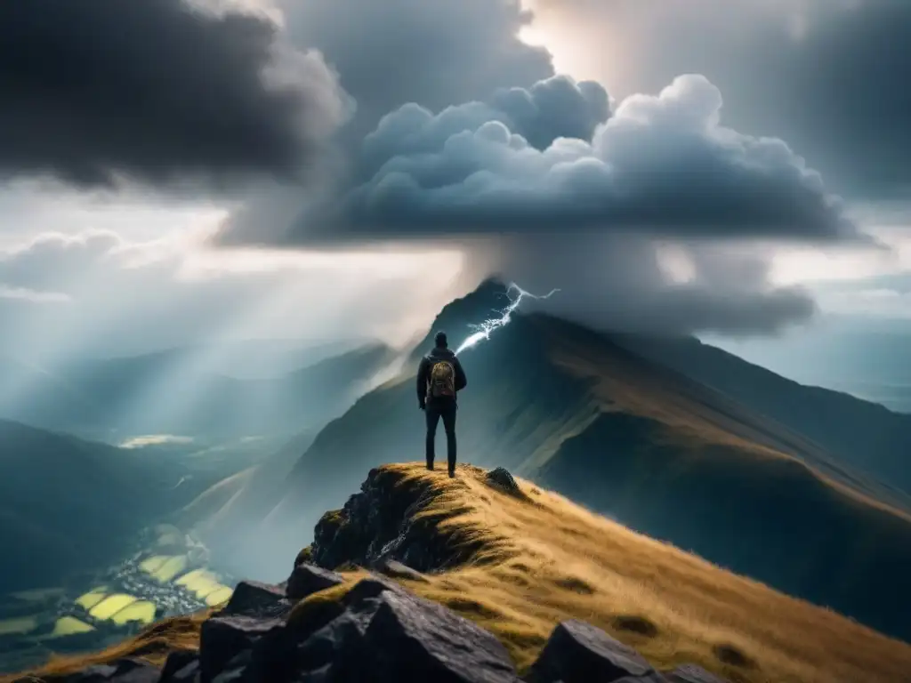 Un poeta solitario en la cima de una montaña mientras rayos de luz atraviesan nubes tormentosas