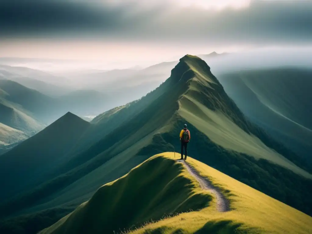 Un poeta solitario en la cima de una montaña, con cuaderno y pluma, simbolizando la influencia global de la poesía comprometida