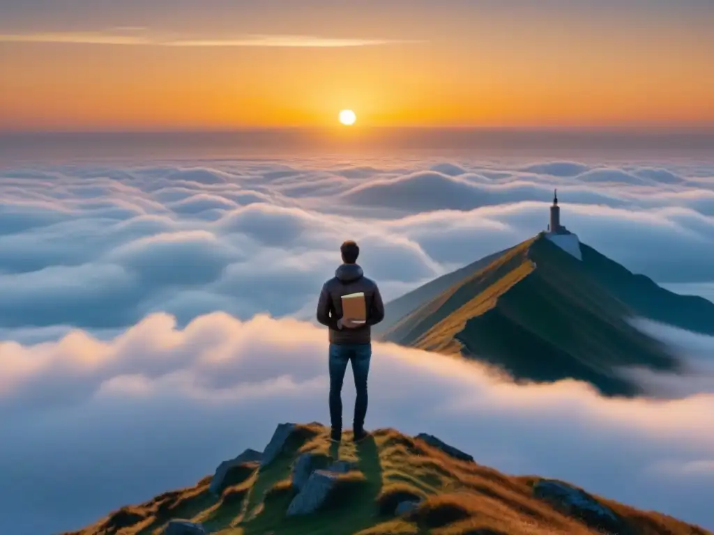 Un poeta solitario en la cima de una montaña, rodeado de nubes al atardecer