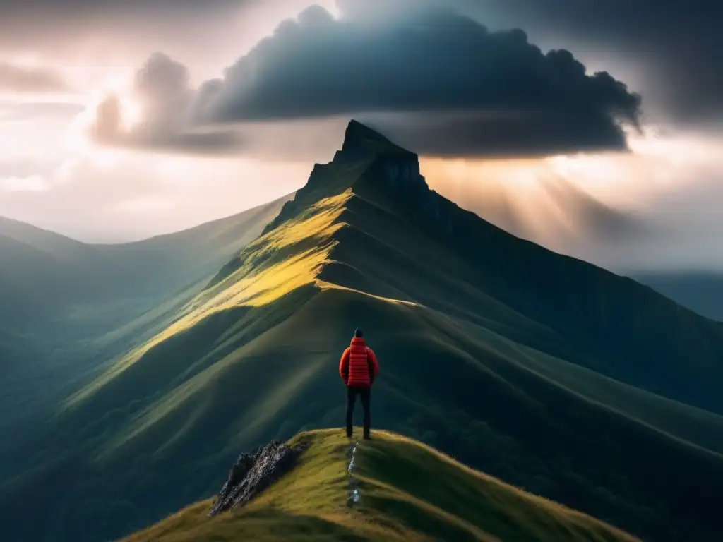 Un poeta solitario en la cima de la montaña, rodeado de nubes de tormenta, iluminado por un rayo de sol