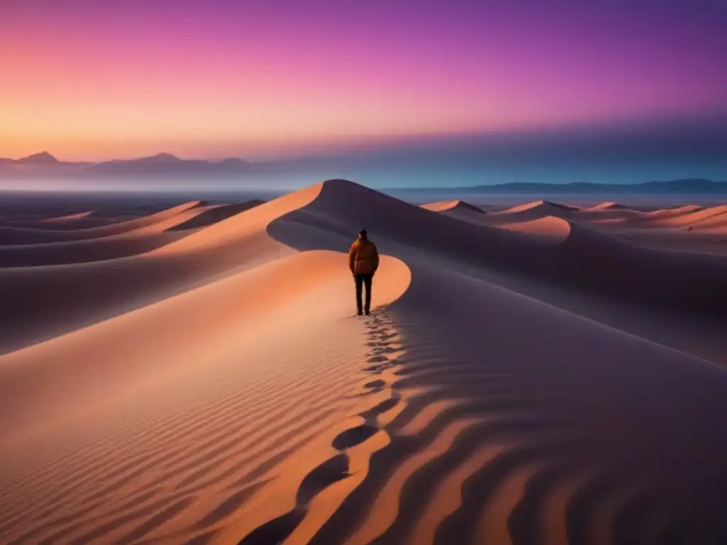 Un poeta solitario en el desierto al atardecer, reflejando la transformación personal a través de versos inspiradores