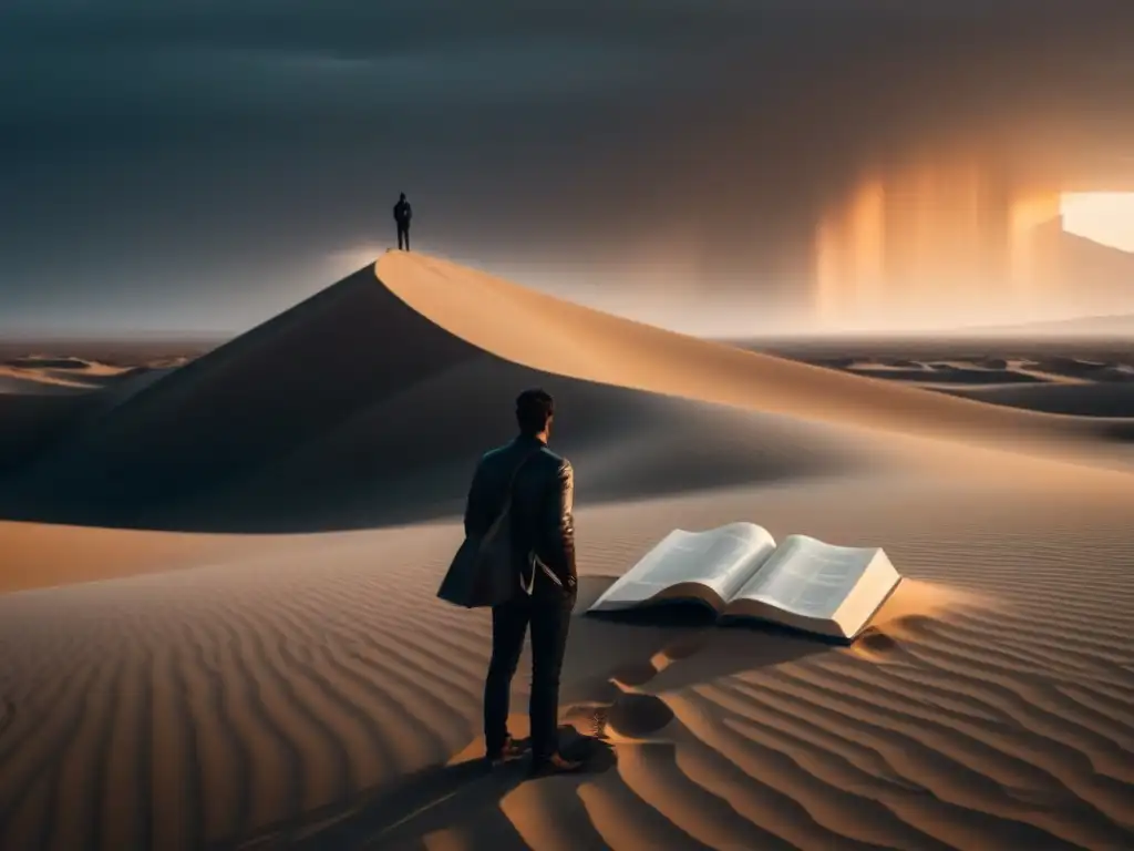 Un poeta solitario en el desierto, con un libro y páginas en remolino