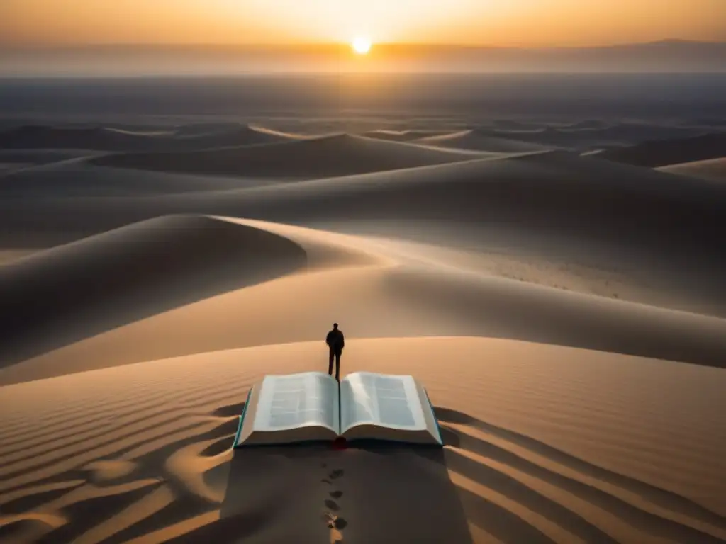 Un poeta solitario en el desierto, con el sol poniéndose y un libro de poesía