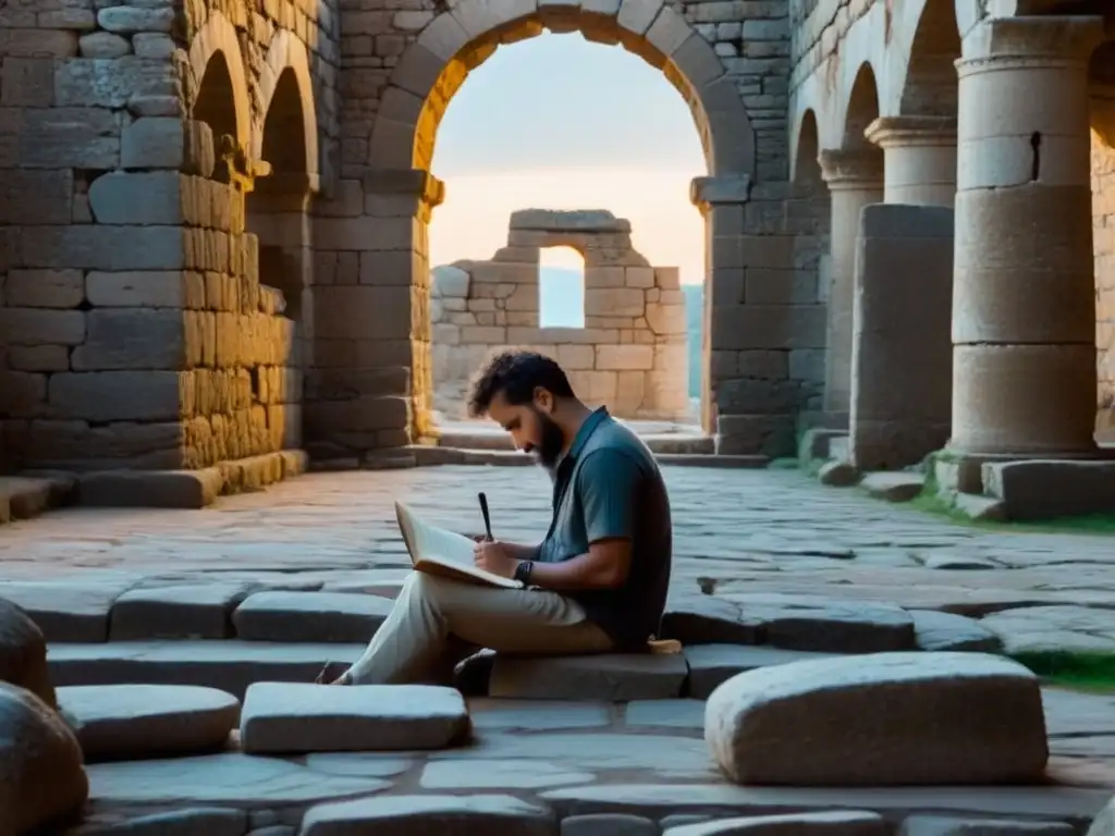 Un poeta solitario escribe en un diario de cuero en un sitio arqueológico al amanecer, creando versos inspirados