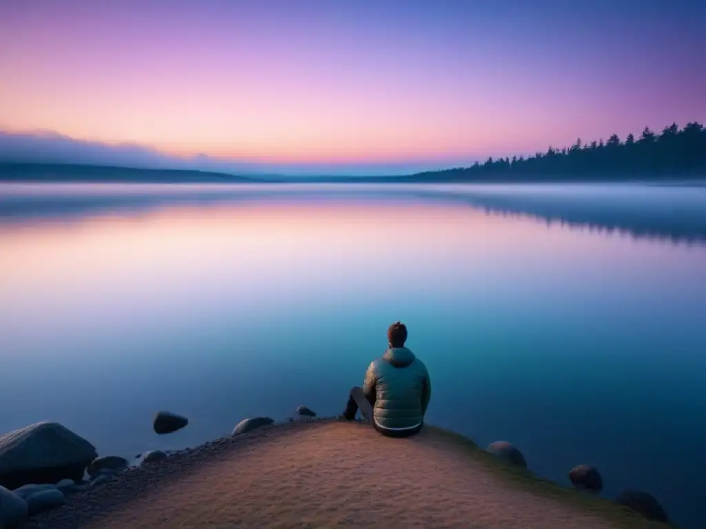 Un poeta solitario escribe en su diario junto al lago al atardecer, reflejando el cielo pastel en las aguas