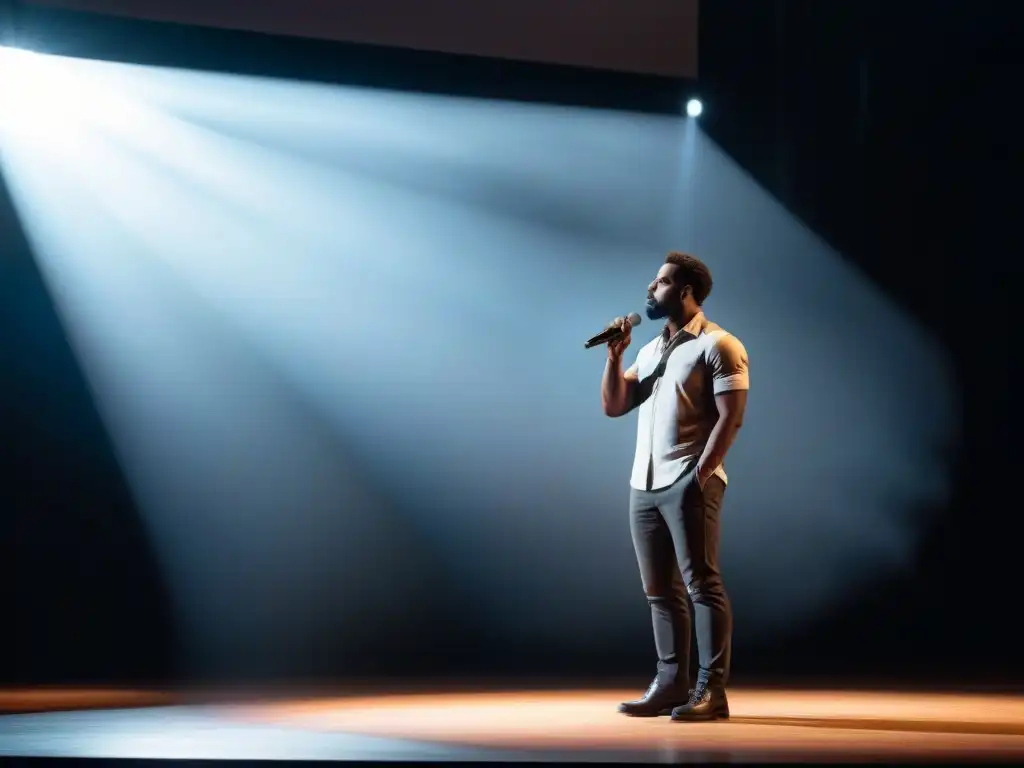 Un poeta solitario en escena, iluminado por un foco, recitando con pasión