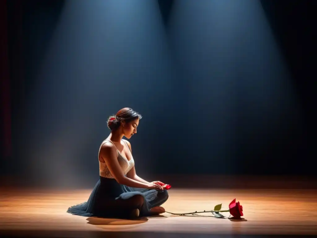 Un poeta solitario en el escenario, iluminado por un foco, sosteniendo una rosa roja mientras caen pétalos al suelo