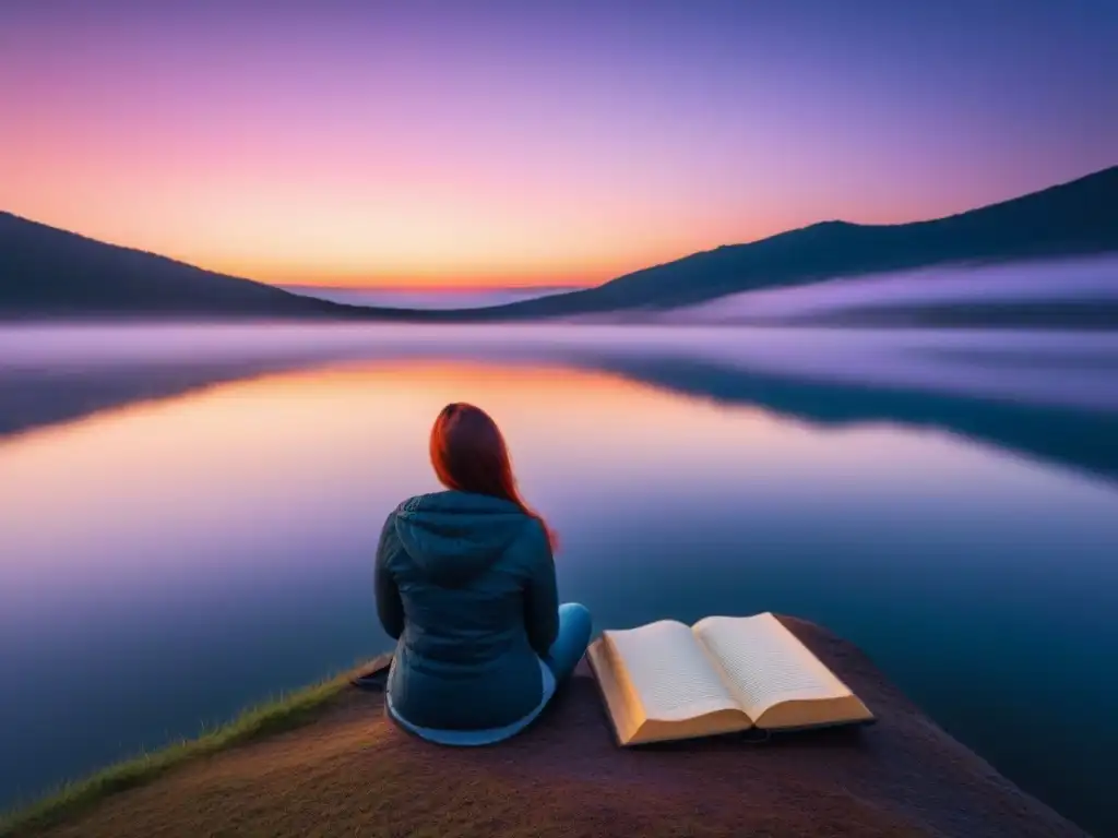 Poesía al atardecer: calma y reflexión en el lago Un poeta solitario se sumerge en la escritura junto al lago al atardecer, usando la poesía como herramienta de autoayuda