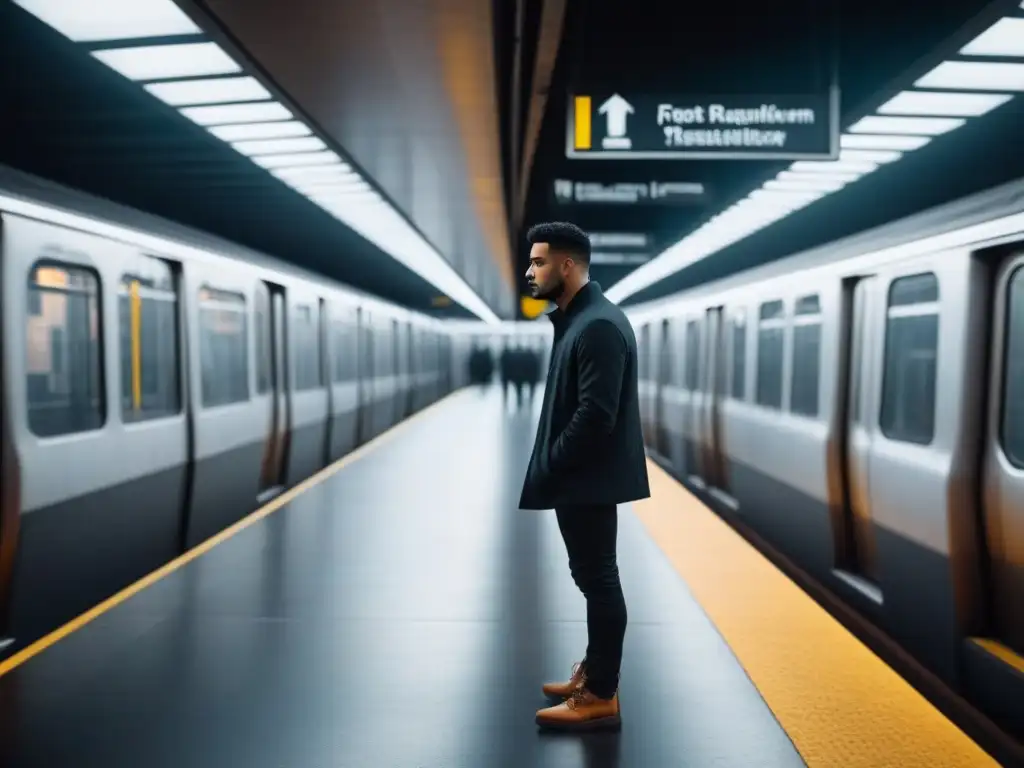 Un poeta solitario reflexionando en una estación de metro, rodeado de sombras geométricas abstractas