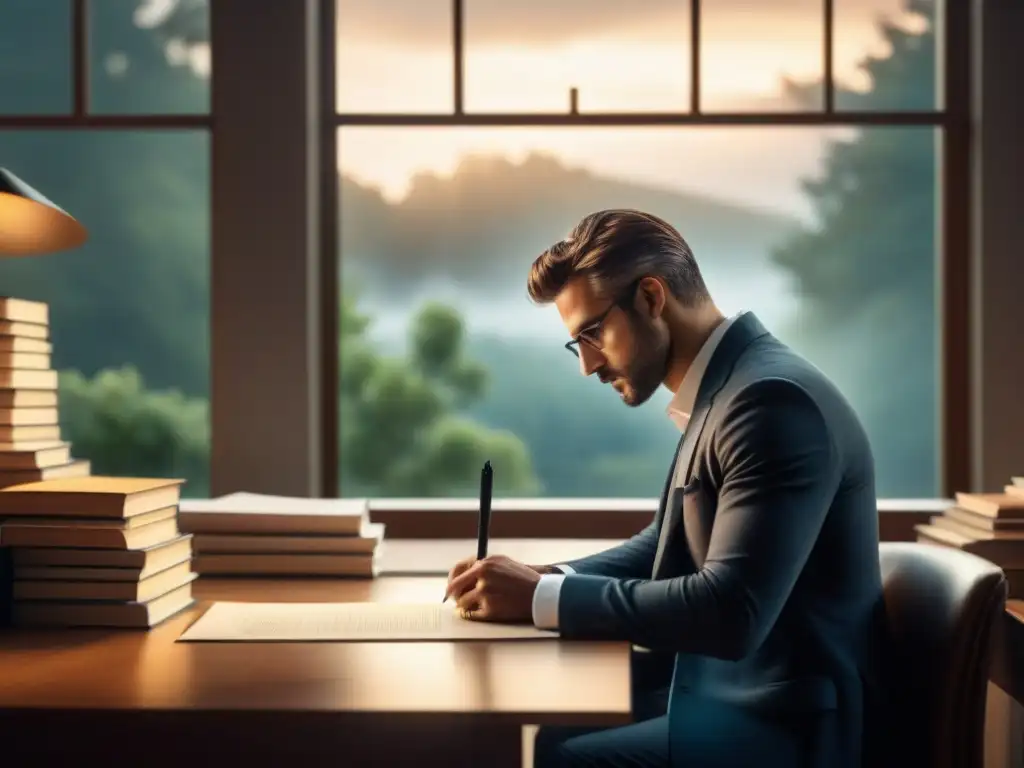 Un poeta solitario reflexiona en su estudio, rodeado de libros y una pluma, bajo una luz suave