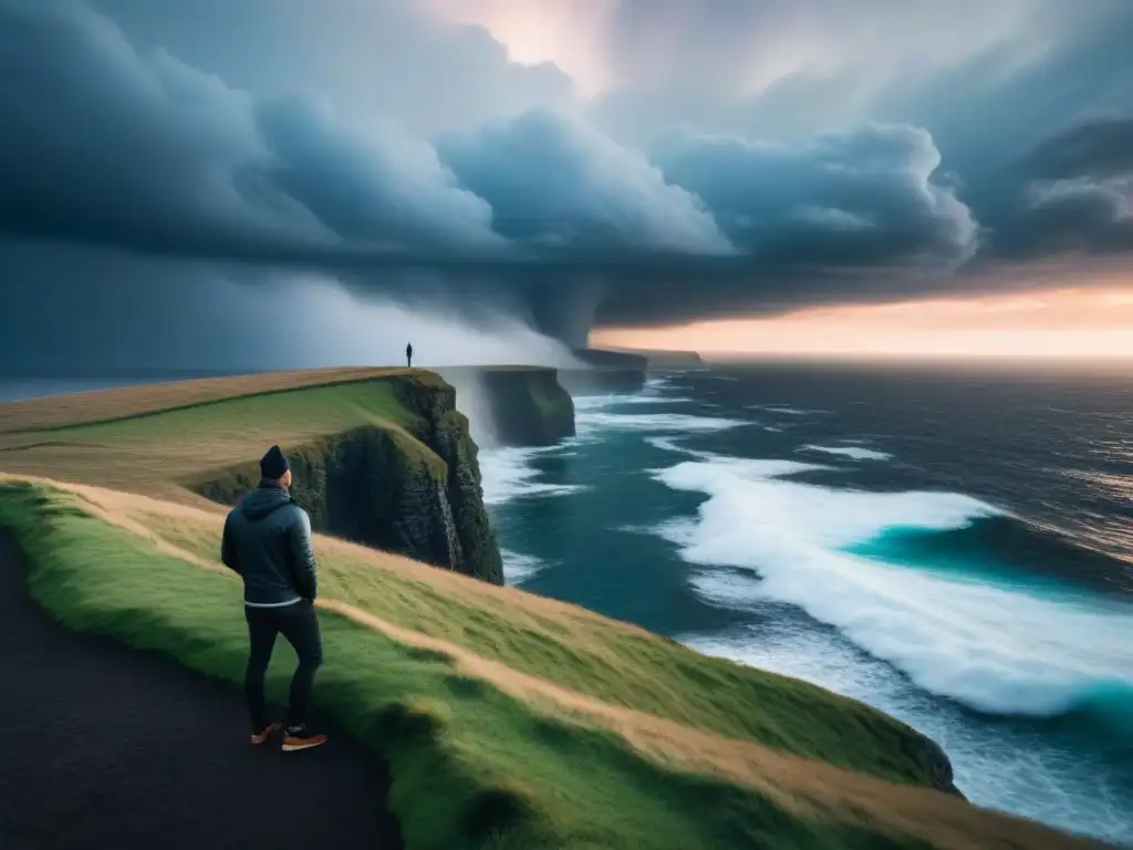 Un poeta solitario contempla la inmensidad del mundo en un acantilado cubierto de niebla al atardecer