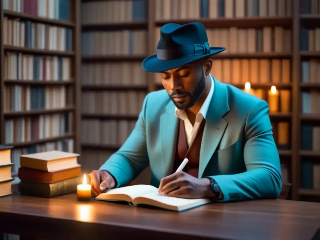 Un poeta solitario, inmerso en su escritura en un cuaderno de cuero, rodeado de libros y una vela titilante en una habitación sombría