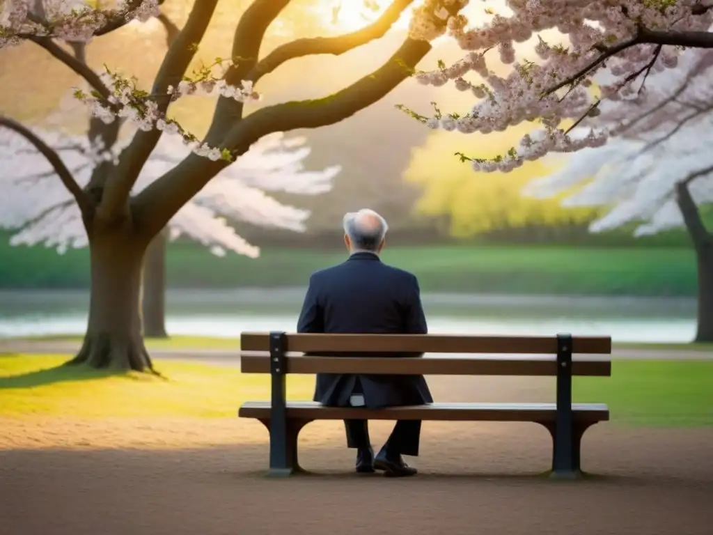 Un poeta solitario inspirado por la belleza de los cerezos en flor, en un parque al atardecer