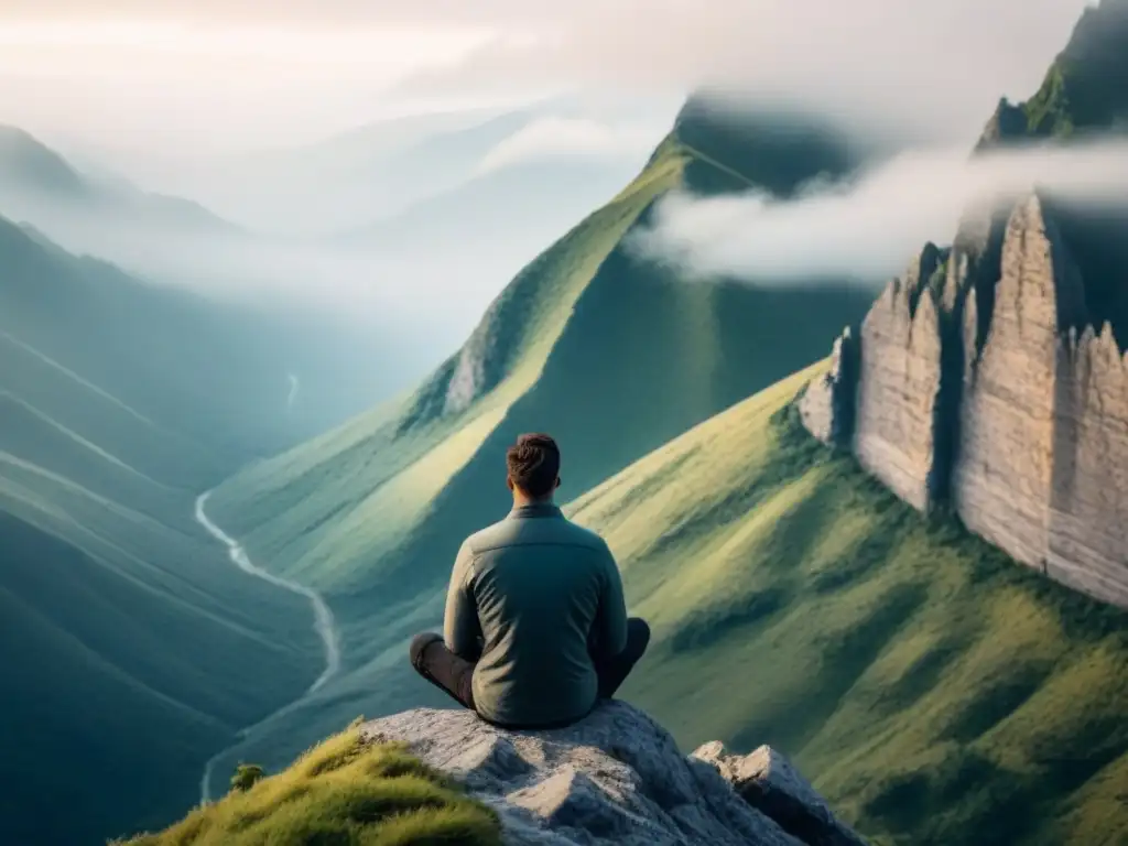 Un poeta solitario inspirado escribe en la cima de una montaña mística, rodeado de águilas, retratando retiros poéticos en montañas embrujadas