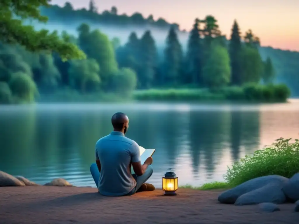Un poeta solitario reflexiona junto al lago al atardecer, rodeado de árboles altos y luciérnagas