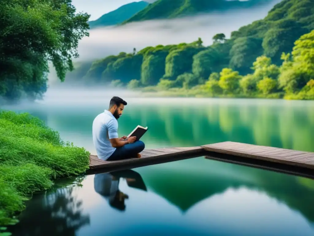 Un poeta solitario reflexiona junto al lago, rodeado de vegetación exuberante, inspirado para su próxima transformación a través de la poesía