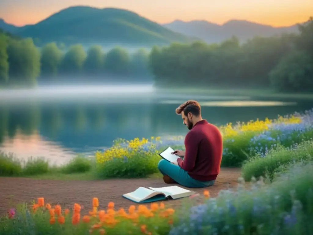 Un poeta solitario reflexiona junto al lago al atardecer, rodeado de naturaleza, inspirado por la tranquilidad