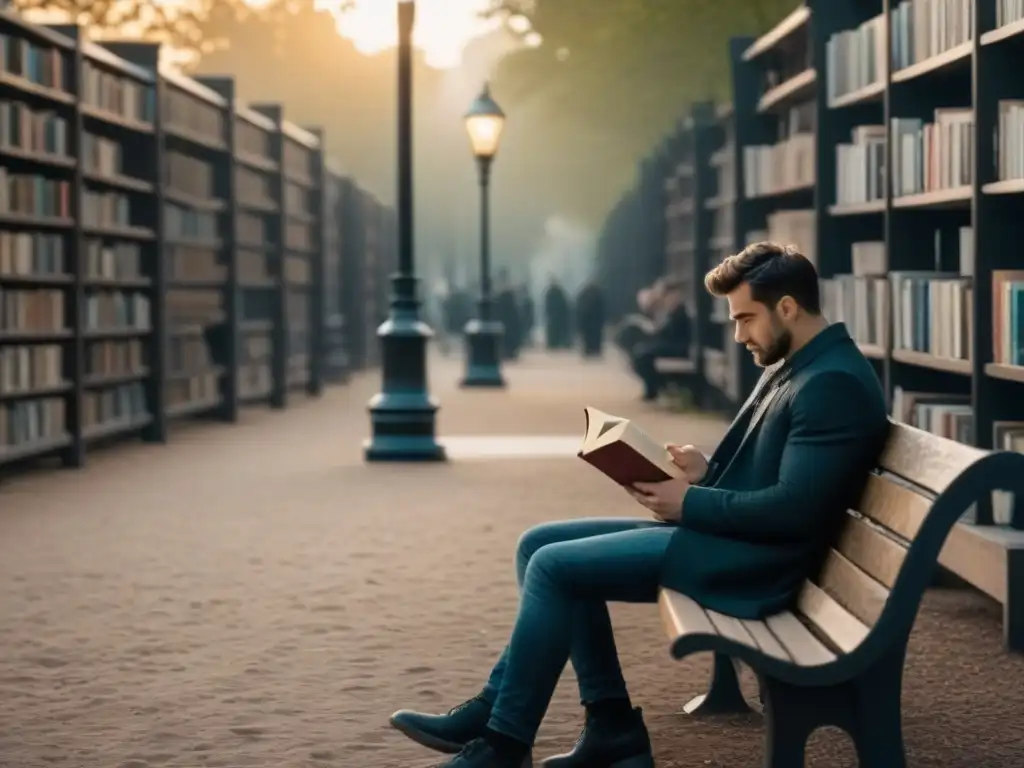 Poeta nocturno entre versos eternos Un poeta solitario se sumerge en un libro antiguo bajo la suave luz de una farola, rodeado de estanterías llenas de poesía