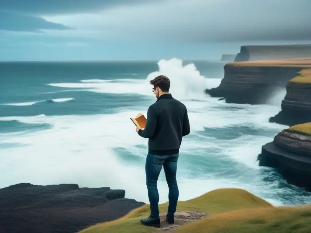 Un poeta solitario contempla el mar en una costa erosionada, con olas rompiendo en los acantilados