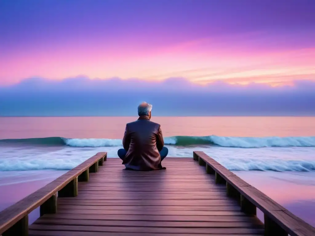 Un poeta solitario se inspira frente al mar en un muelle de madera en un retiro costero para poetas