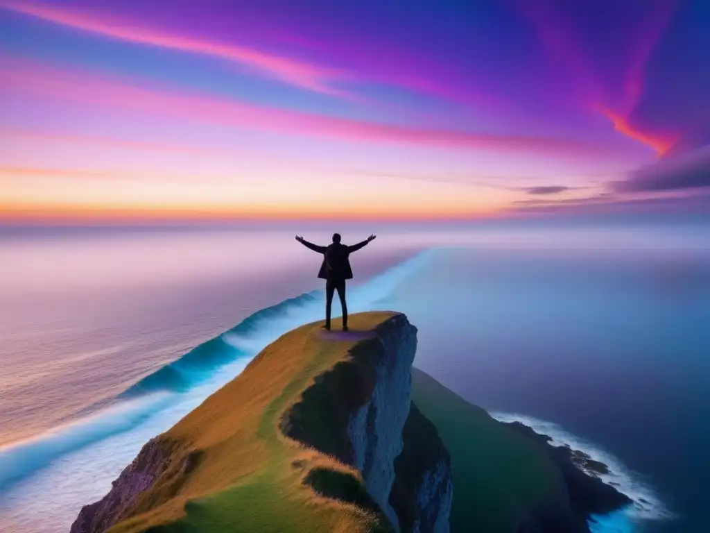 Un poeta solitario abraza la naturaleza en un acantilado al atardecer, con un cielo de tonos naranja, rosa y morado