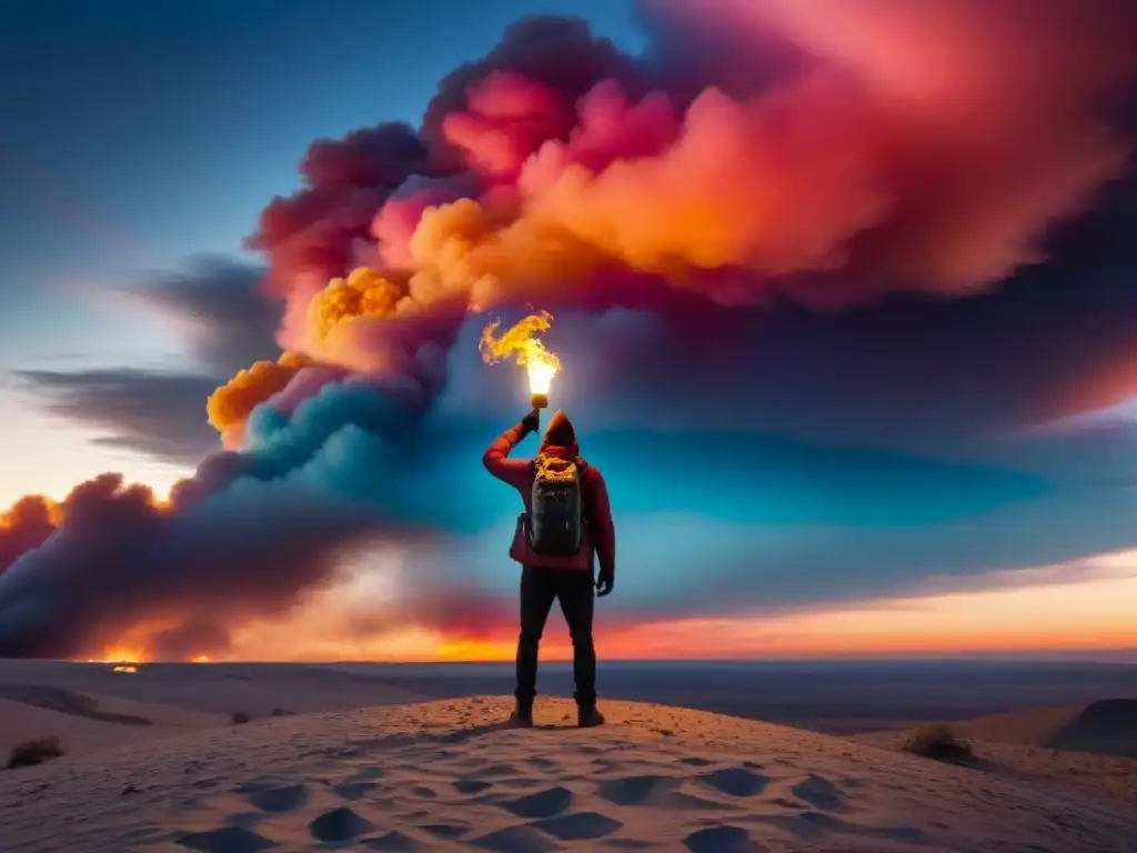 Un poeta solitario iluminando la noche con su antorcha en un paisaje desolado al atardecer