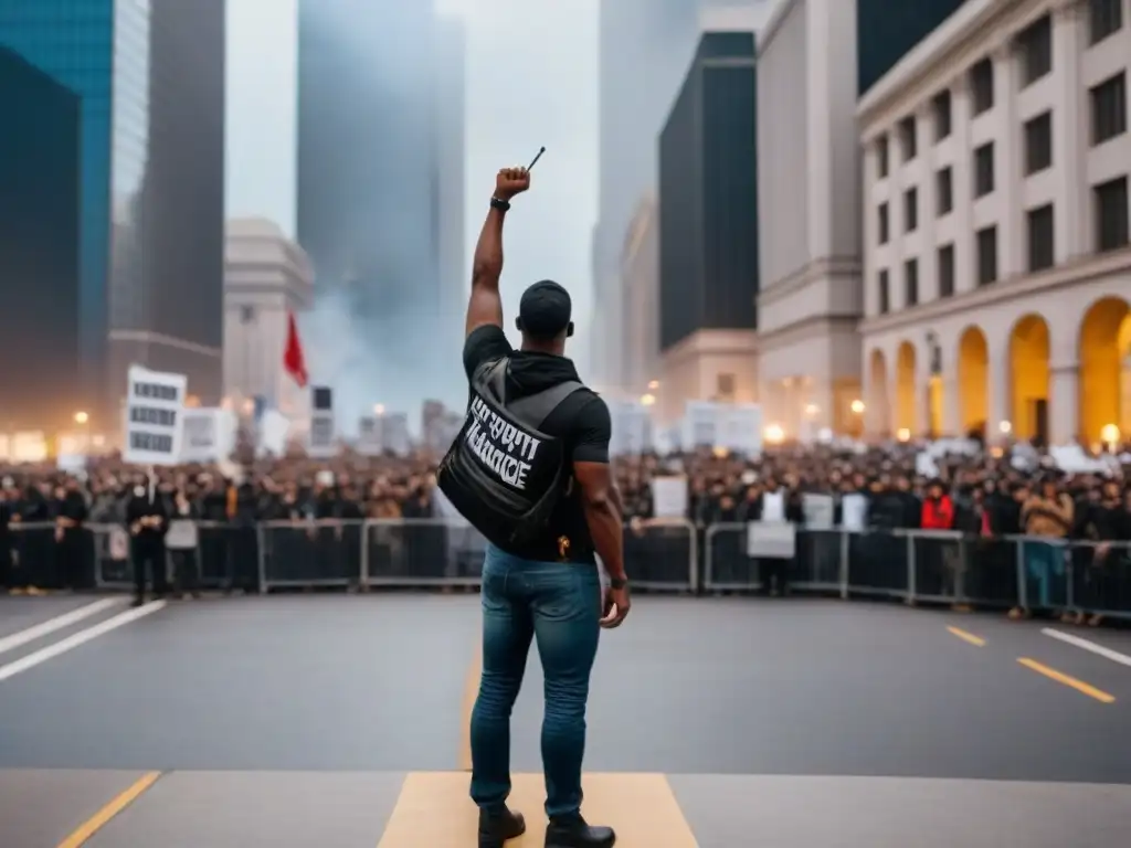 Poeta en protesta: unión y resistencia en la ciudad Un poeta solitario en una plaza llena de manifestantes ondeando pancartas con consignas poderosas