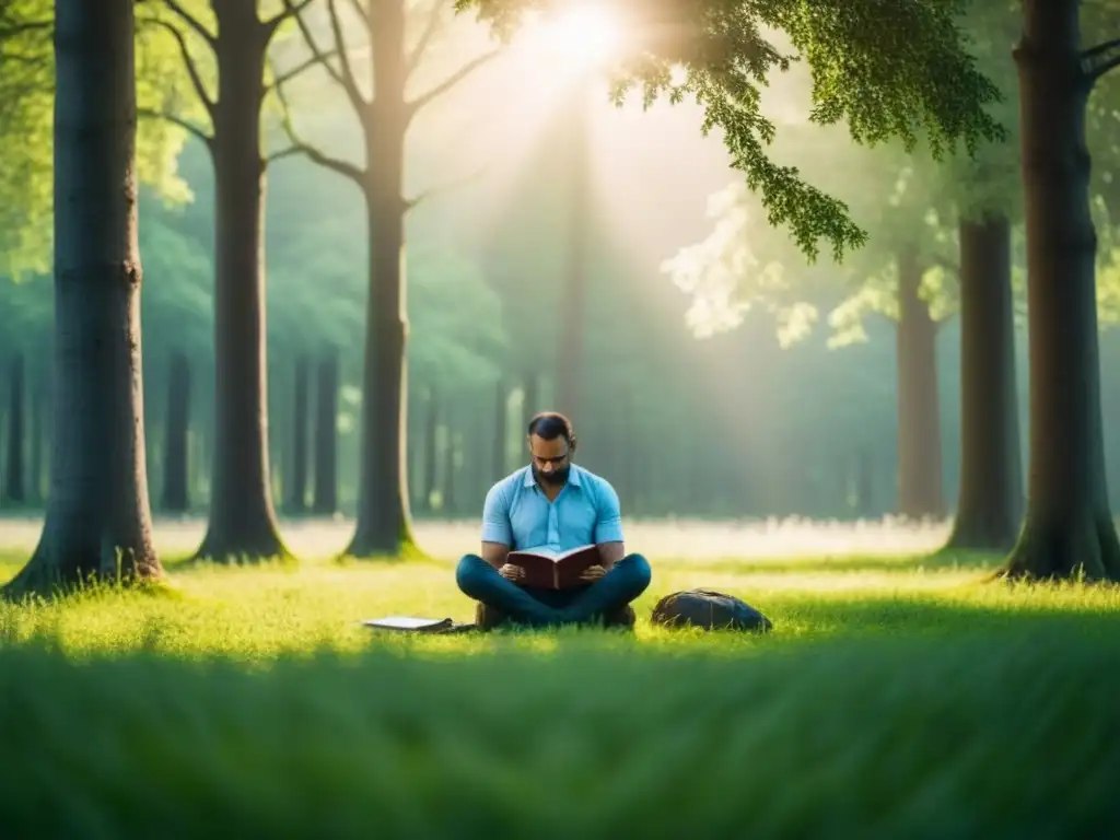 Poeta solitario en prado verde, rodeado de árboles altos, con cuaderno en mano y expresión contemplativa