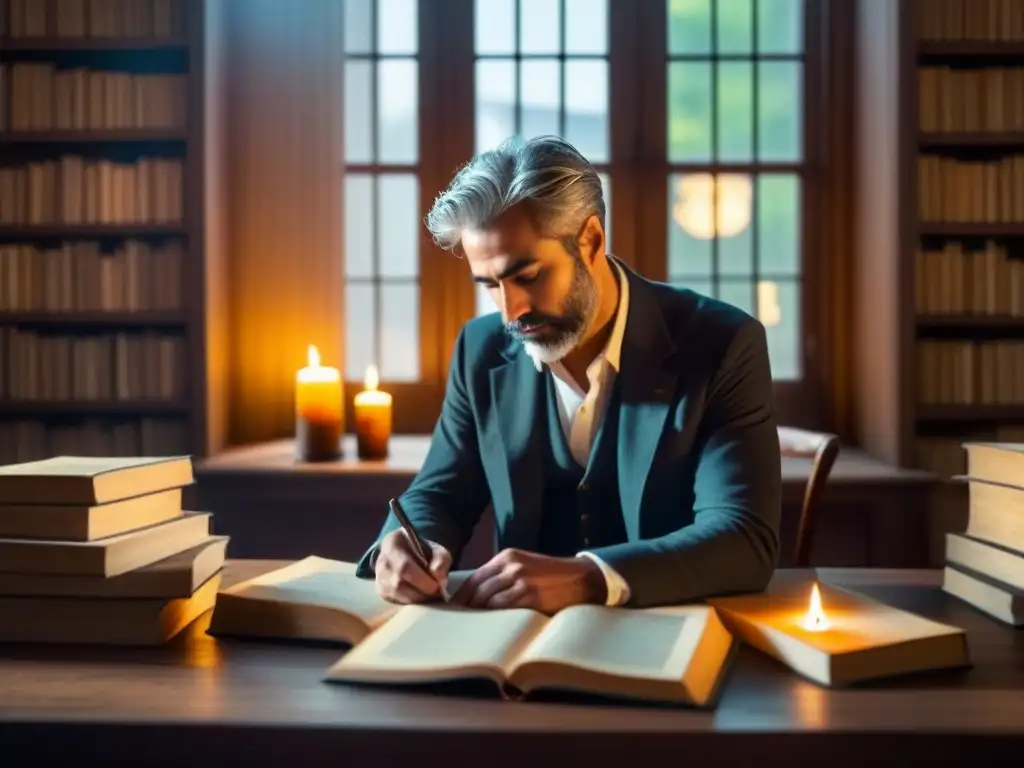 Un poeta solitario, rodeado de libros de poesía en una habitación iluminada por la luz del sol, inspiración poesía maestros transformación palabras