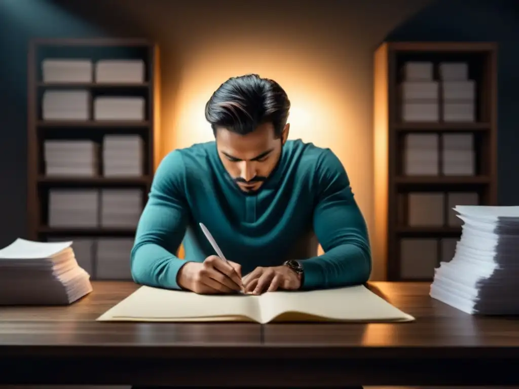 Un poeta solitario se prepara para escribir, rodeado de papel y plumas, iluminado por una tenue luz ambiental