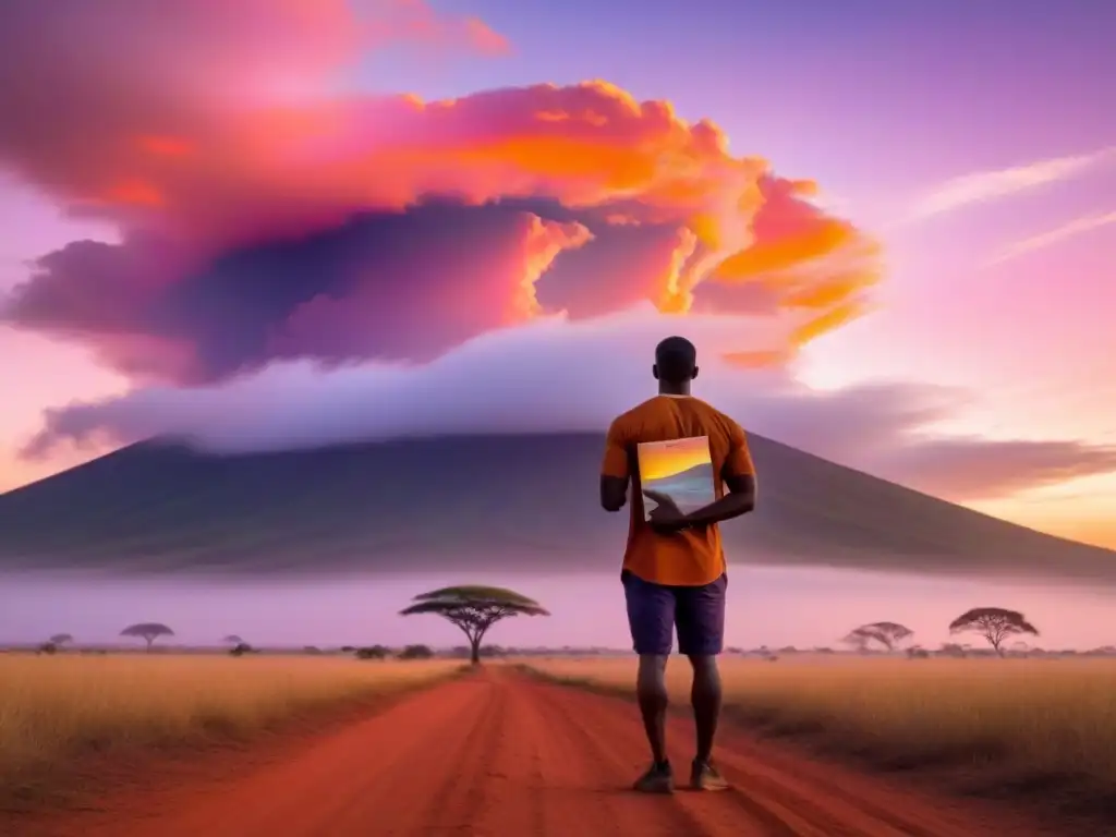 Poesía activista en la sabana africana al atardecer Un poeta solitario se alza en la sabana africana al atardecer, con un libro en mano, bajo un cielo naranja y rosa