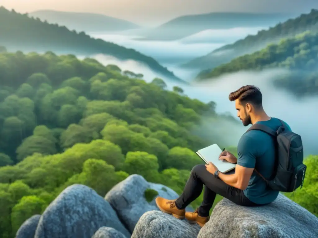 Un poeta solitario reflexiona sobre la poesía transformadora y vanguardia poética en un acantilado, frente a un extenso bosque sereno