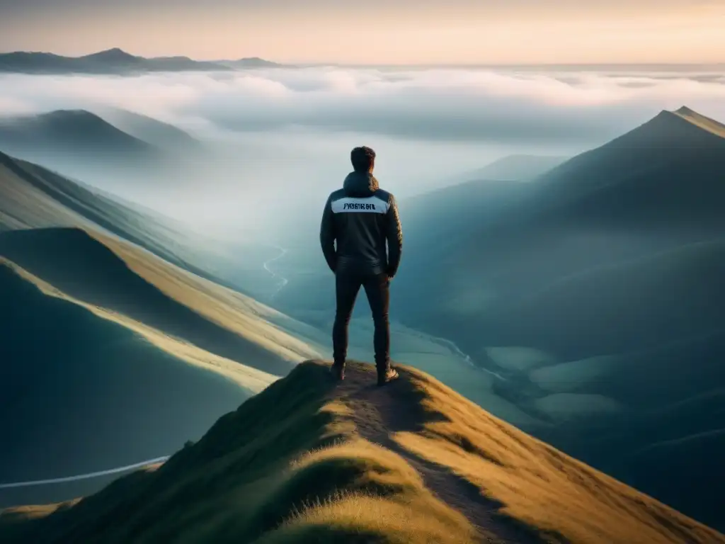 Un poeta solitario contempla el valle desde la cima de la montaña, rodeado de versos flotantes que simbolizan el impacto transformador de la poesía