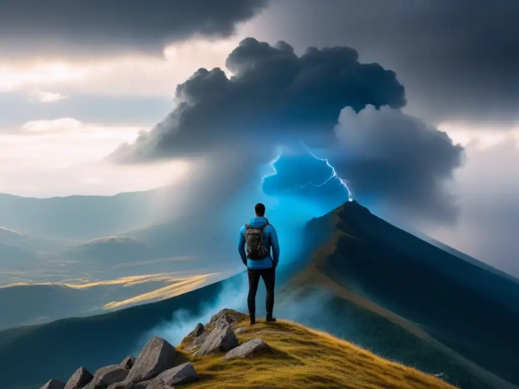 Un poeta transformador de movimientos sociales en la cima de la montaña, inspirado por la luz en la tormenta