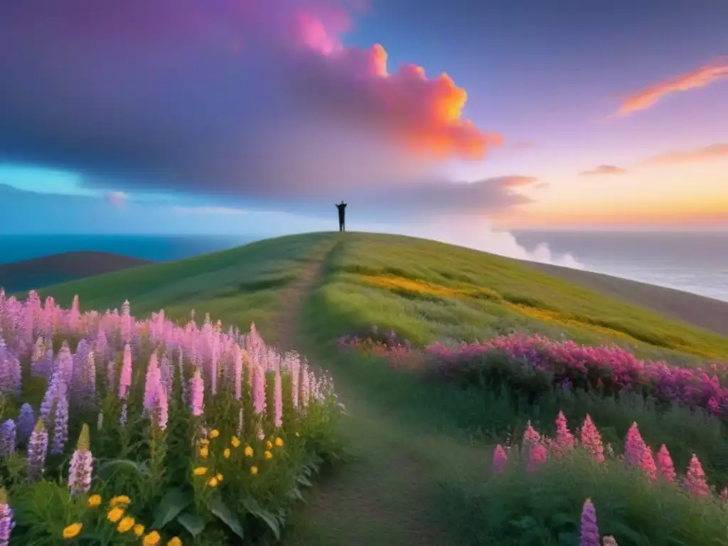 Un poeta transformador de la sociedad admira el atardecer entre flores silvestres en la colina