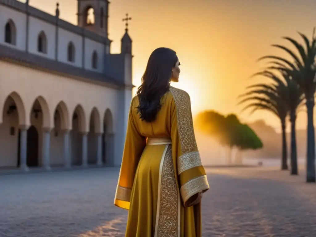 Santa Teresa de Jesús, voz poética de la Edad Media, en silueta detallada junto a un monasterio medieval iluminado por el sol dorado