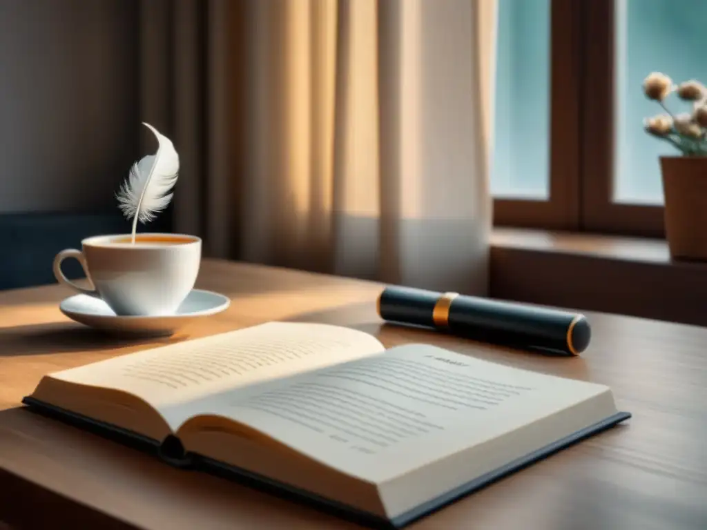 Un rincón de inspiración poética con un escritorio de madera y una pluma blanca, bañado en luz natural