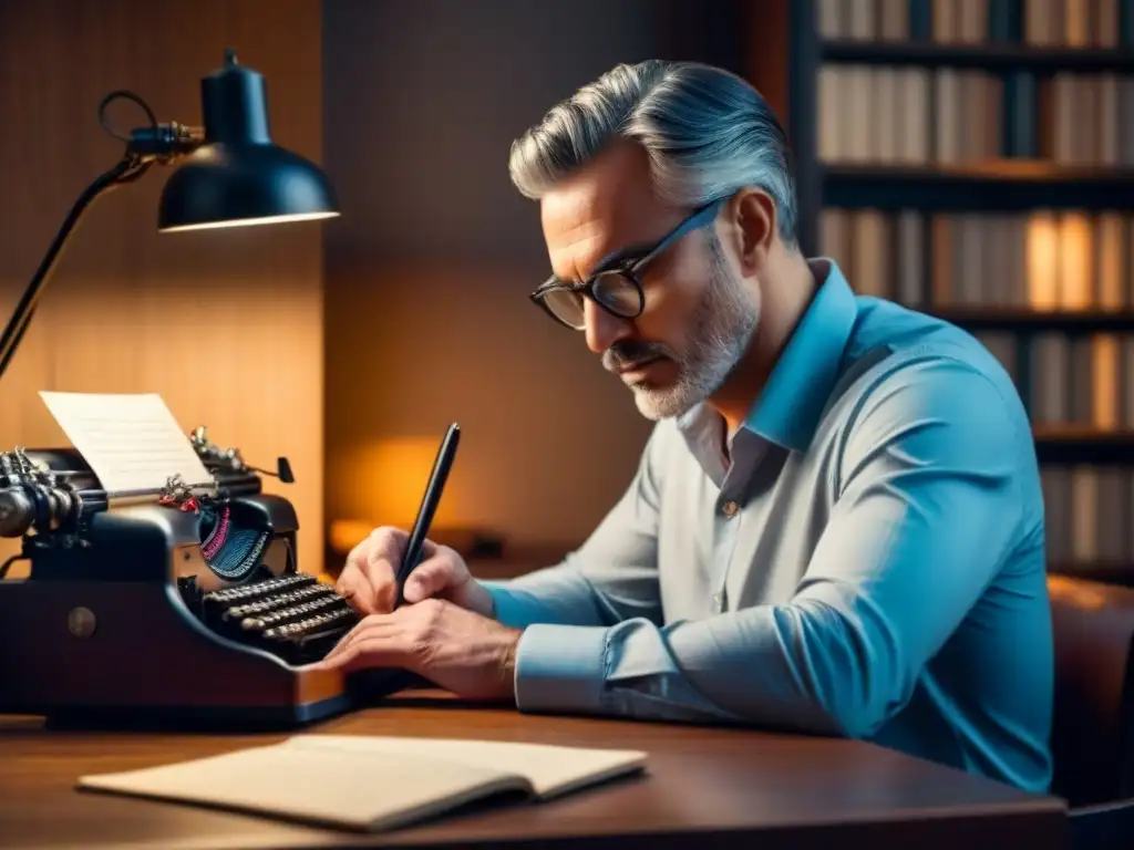 Poeta en su estudio creativo, inspiración en penumbra Inspiración poética en un escritorio con poemas escritos a mano y una máquina de escribir vintage, iluminado por una lámpara tenue