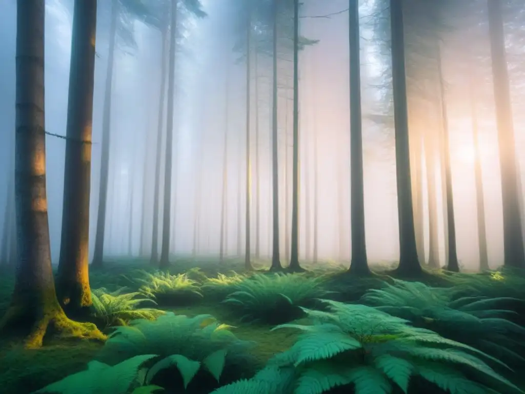 Inspiración poética en naturaleza: Bosque tranquilo al amanecer con luz dorada filtrándose entre los altos árboles