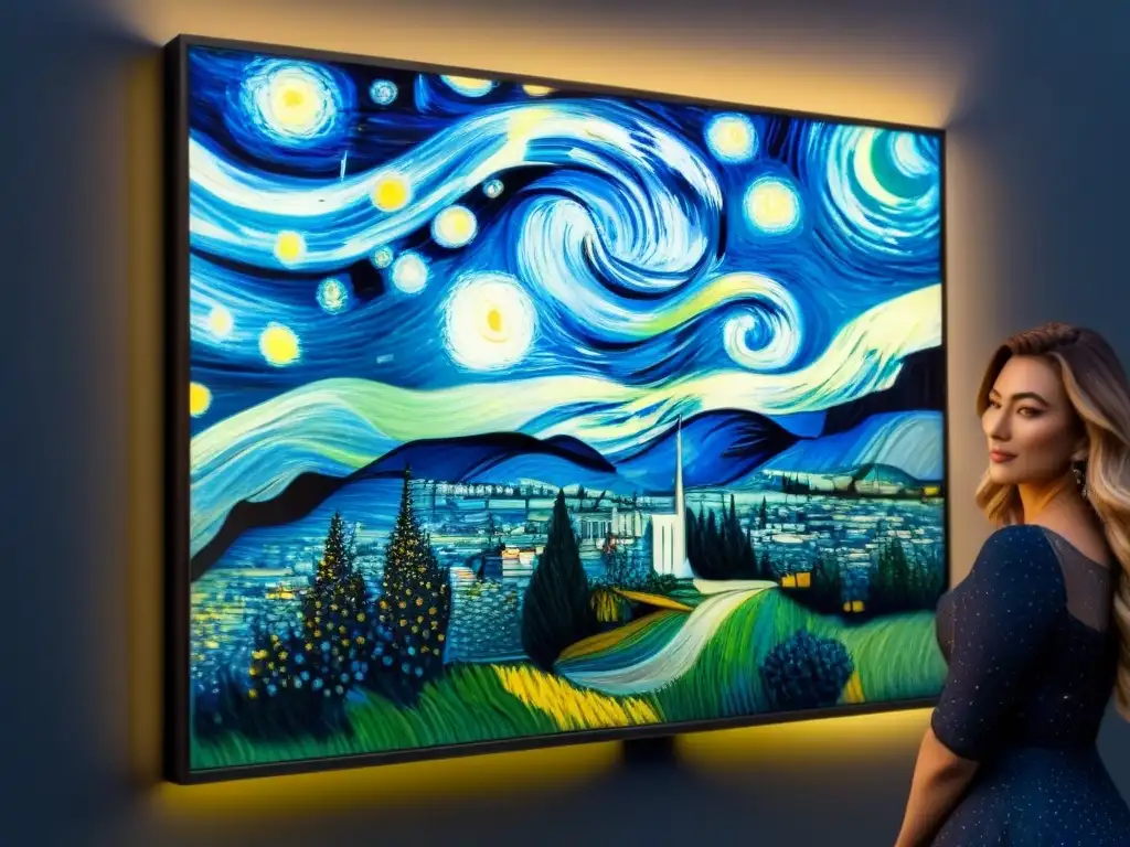 Interpretación poética de La Noche Estrellada de Vincent van Gogh, con remolinos de estrellas y la luna creciente sobre un fondo oscuro